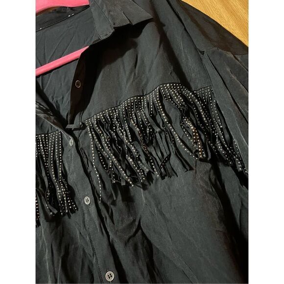 Woman’s Black Button Up Top With Rhinestone Fringe Woman’s Size Large - Picture 4 of 10
